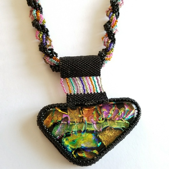 Hand Crafted Jewelry - Relisted... Big Handmade Dichroic Glass necklace peyote colorf